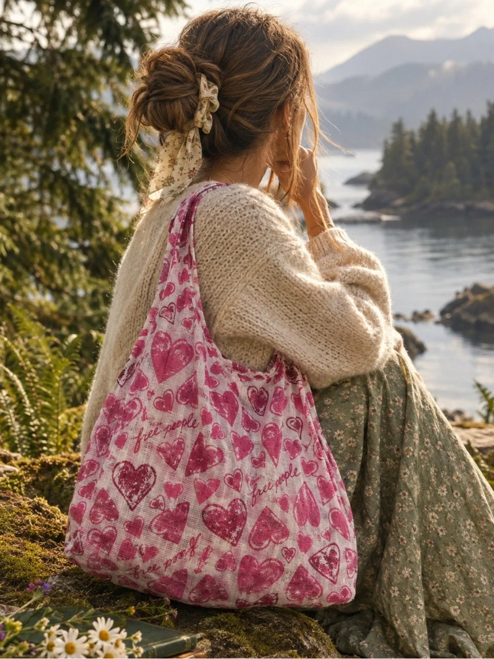 RARE Free People Valentines Pink Heart-Print Sheer Tote Bag